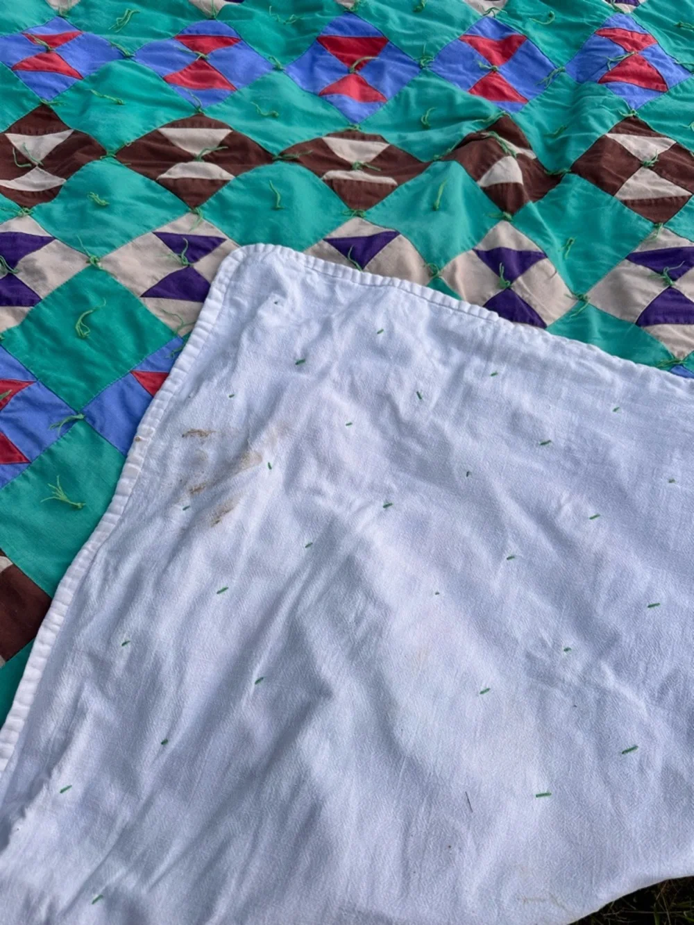 Antique vintage bow tie quilt tied 76x64